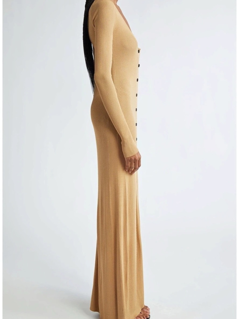 Proenza Shoulder Ribbed Button-Front Maxi Dress. Ribbed Button-Front Brown Maxi - Picture 4 of 6